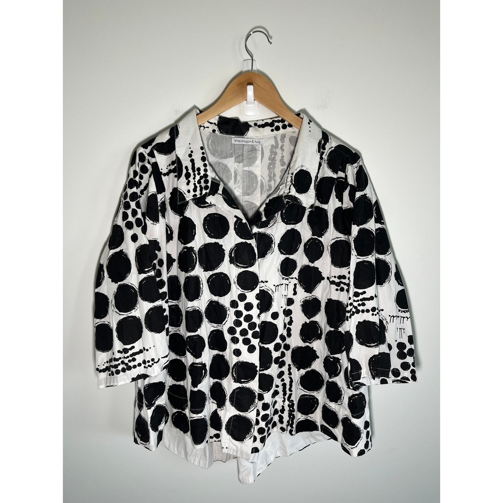 Artsy Eclectic Chic Women Top L Black White Polka Dot Abstract Print 100% Cotton